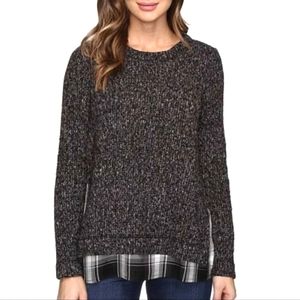 Santuary knit sweater with plaid layered shirt at the hem and sides  size small